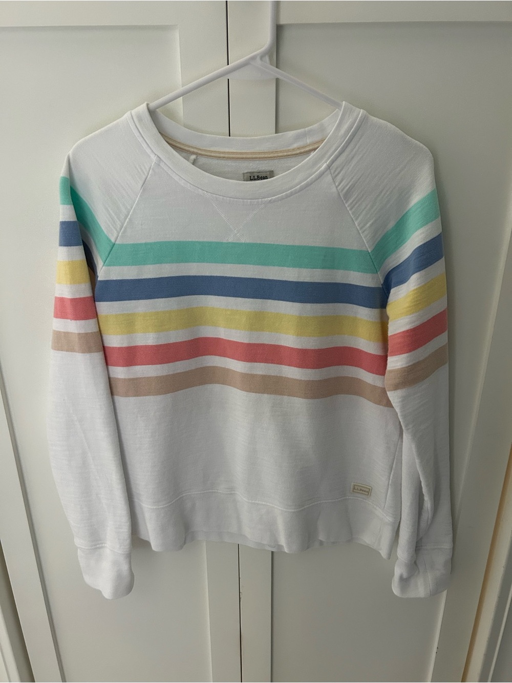 Women’s LL Bean Striped Crewneck Sweatshirt - White with Pastel Multi Stripes